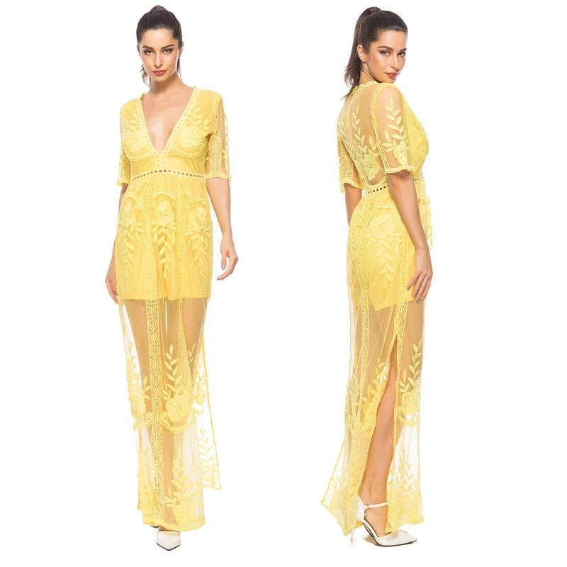 2XL Women Long Maxi Lace Dress Sexy Vintage Short Sleeve Sexy Deep V Neck Boho Casual Beach Dress 2021 Summer High Split The New 
2XL Women Long Maxi Lace Dress Sexy Vintage Short Sleeve Sexy Deep V Neck Boho Casual Beach Dress 2021 Summer High Split The New