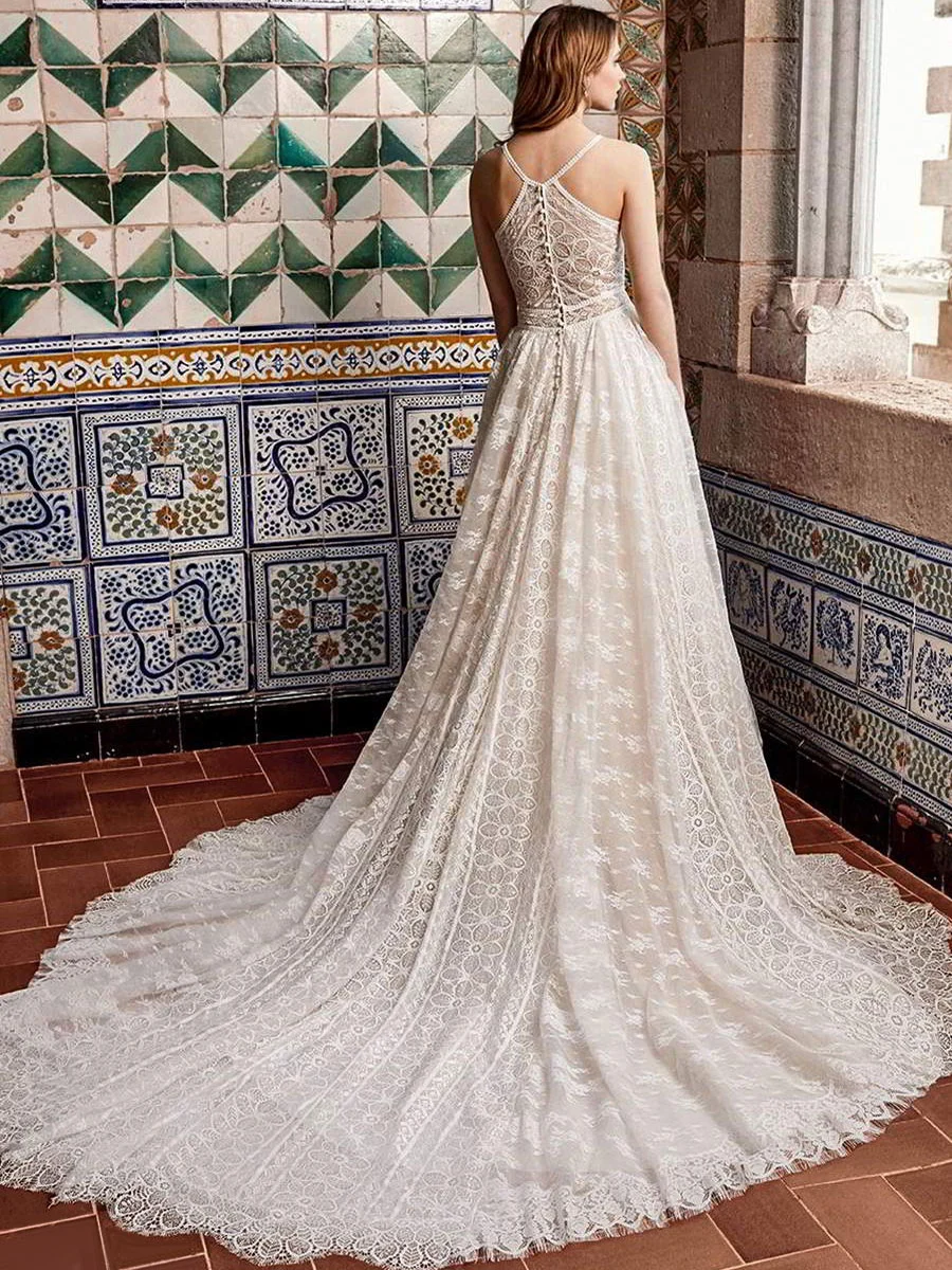 Princess Bridal Gown A-Line V-Neck Court Train Spaghetti Straps Lace Wedding Dresses With Ruffles
Princess Bridal Gown A-Line V-Neck Court Train Spaghetti Straps Lace Wedding Dresses With Ruffles