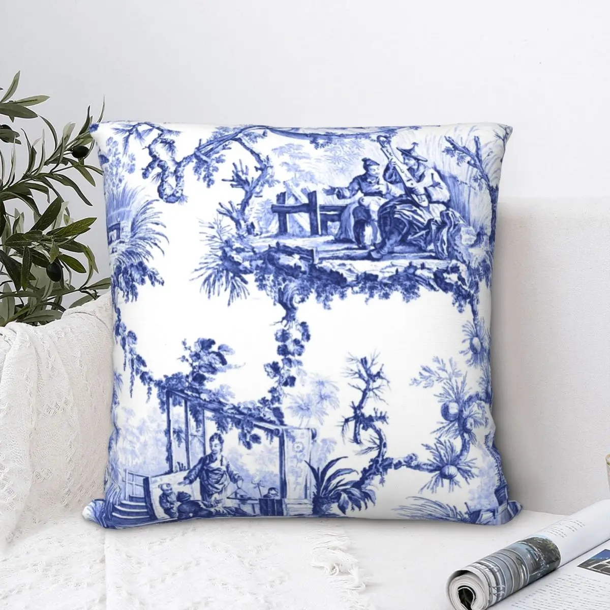 

Blue Chinoiserie Toile Square Pillowcase Cushion Cover Creative Home Decorative Polyester Throw Pillow Case Sofa Seater Simple