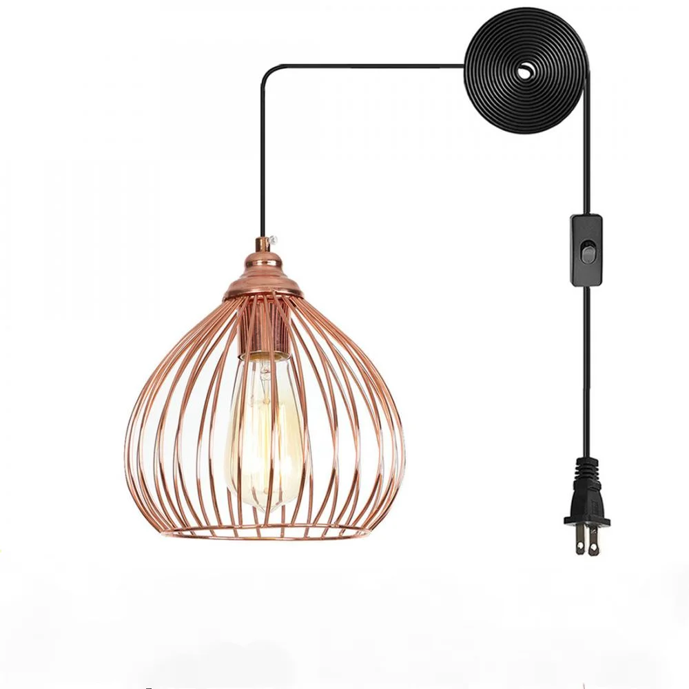 Rose Gold Hanging Light Fixture Diy Adjustable Plug In Pendant Lighting Vintage Metal Wire Cage Ceiling | Лампы и освещение