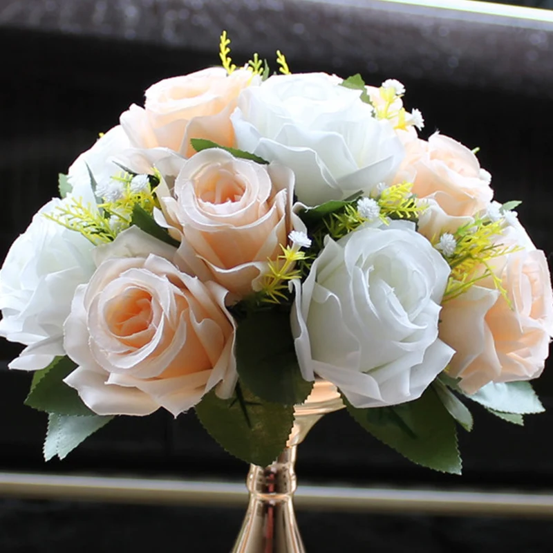 

26CM Silk White Artificial Rose Flowers Ball Stage Road Lead Flower Centerpieces for Tables Bouquet DIY Wedding Home Arrangement