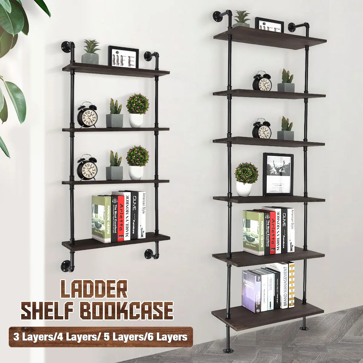 Industrial 3/4/5/6Layers Pipe Shelves Rustic Wood Ladder Bookshelf Wall Mounted Shelf for Living Room Decor and Storage
Industrial 3/4/5/6Layers Pipe Shelves Rustic Wood Ladder Bookshelf Wall Mounted Shelf for Living Room Decor and Storage