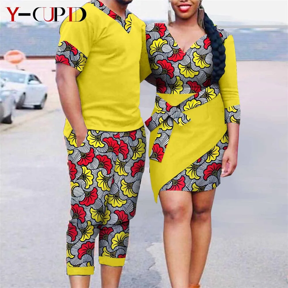 African Clothes for Couples Bazin Riche Women Ankara Print Dresses with Bowtie Matching Men Clothes Top and Short Sets Y21C019
African Clothes for Couples Bazin Riche Women Ankara Print Dresses with Bowtie Matching Men Clothes Top and Short Sets Y21C019
