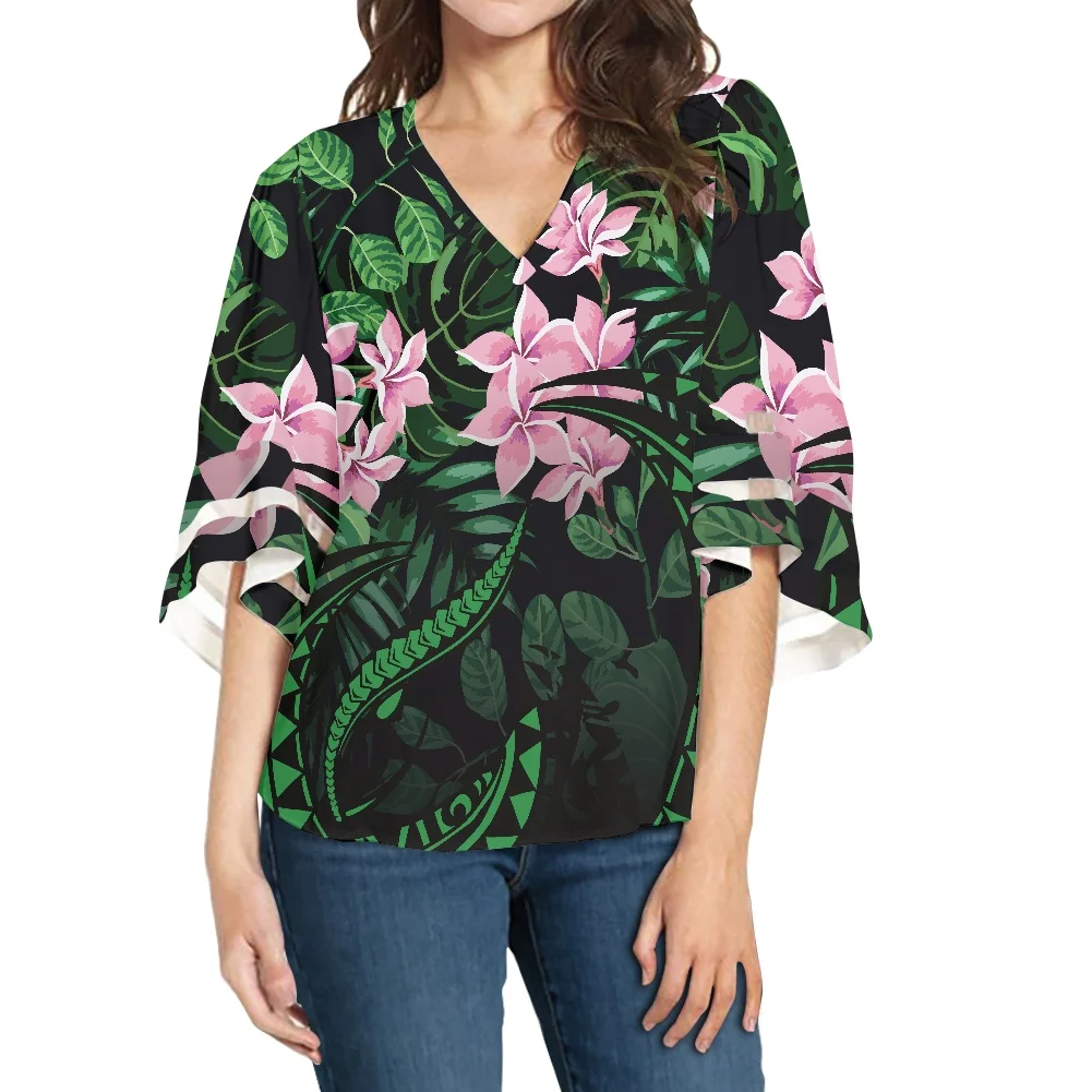 

HYCOOL Fashion Hawaiian Bell Sleeve Top Palm Print Summer Casual Classy Blouses For Women Polynesian Tribal Plus Size Floral Top