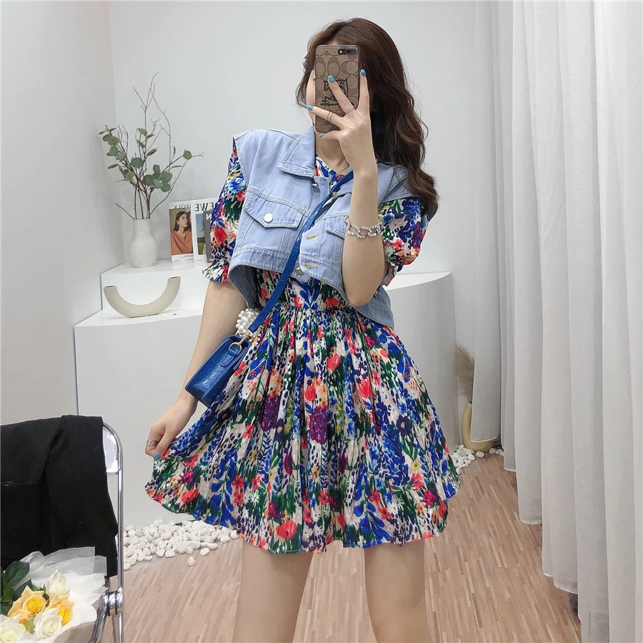 2021 Summer Women's New Denim Vest Jacket Top Short Sleeve Floral A- Line Short Dress Suit Dresses for Women Vestido De Mujer
2021 Summer Women's New Denim Vest Jacket Top Short Sleeve Floral A- Line Short Dress Suit Dresses for Women Vestido De Mujer