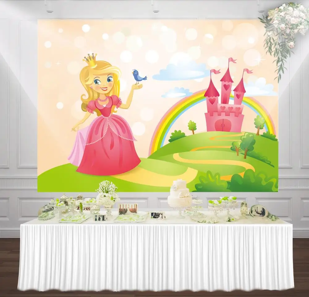 

Королевство замок фон Принцесса Девушка День Рождения вечерние фоны мультфильм Радуга сказка фотография розовый баннер для киоска плакат