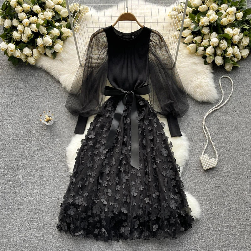 A578 Palace Women New Fashion Round Neck Slim Knit Stitching Flower Mesh Bow Long Sleeve A-line Dress Elegant Vestidos
A578 Palace Women New Fashion Round Neck Slim Knit Stitching Flower Mesh Bow Long Sleeve A-line Dress Elegant Vestidos