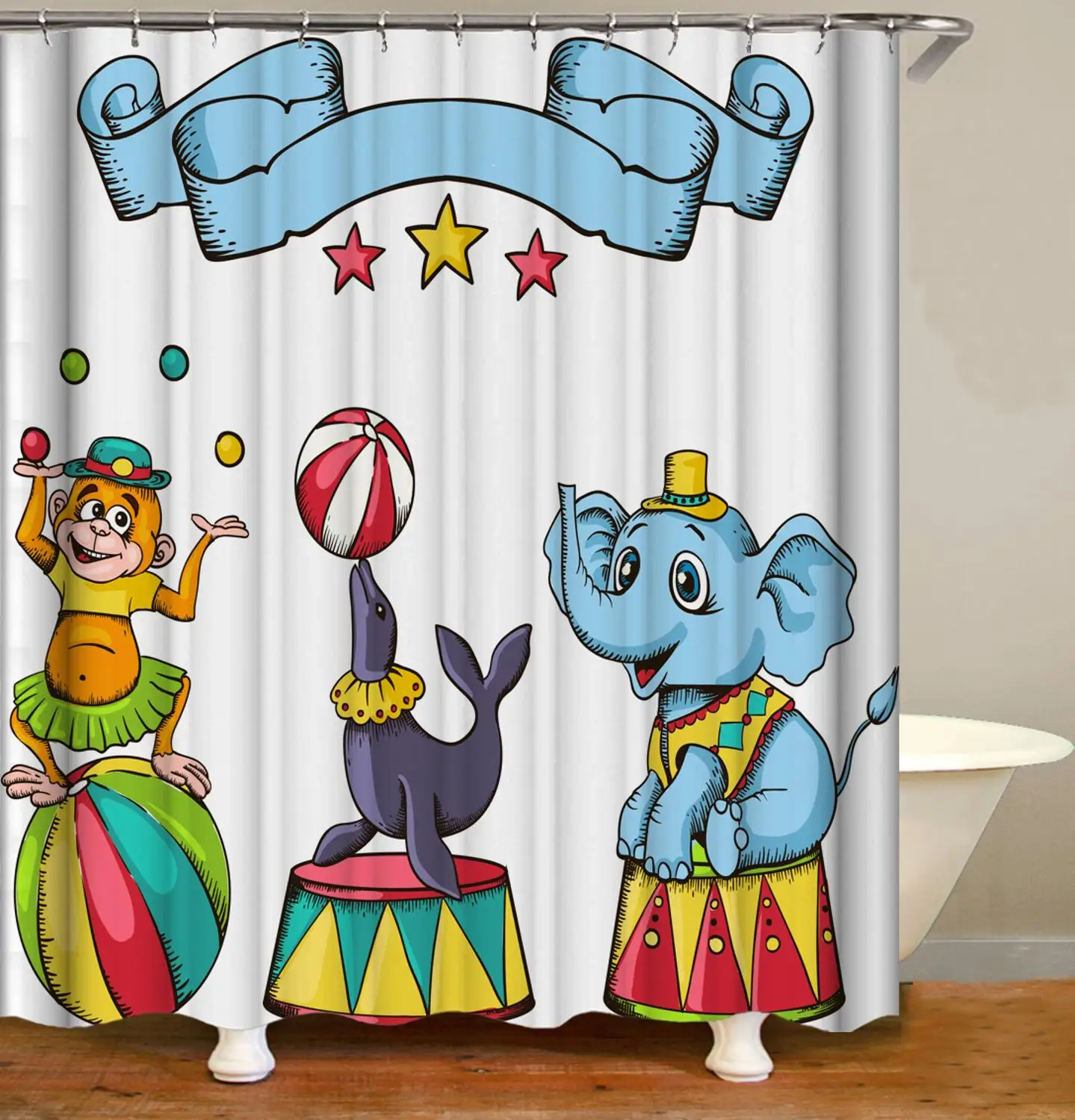 

Штора для душа с цирковыми животными, водонепроницаемая занавеска из полиэстера, 12 крючков, с принтом обезьяны, слона, для ванной комнаты