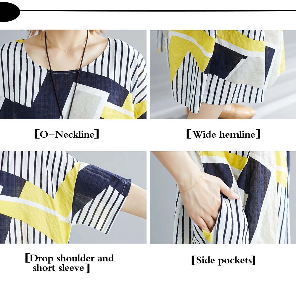 Women Linen Cotton Dress Plus Size Geometric Striped Print Contrast Color Casual Loose Pocket Short Sleeve Beach Holiday Dresses 
Women Linen Cotton Dress Plus Size Geometric Striped Print Contrast Color Casual Loose Pocket Short Sleeve Beach Holiday Dresses