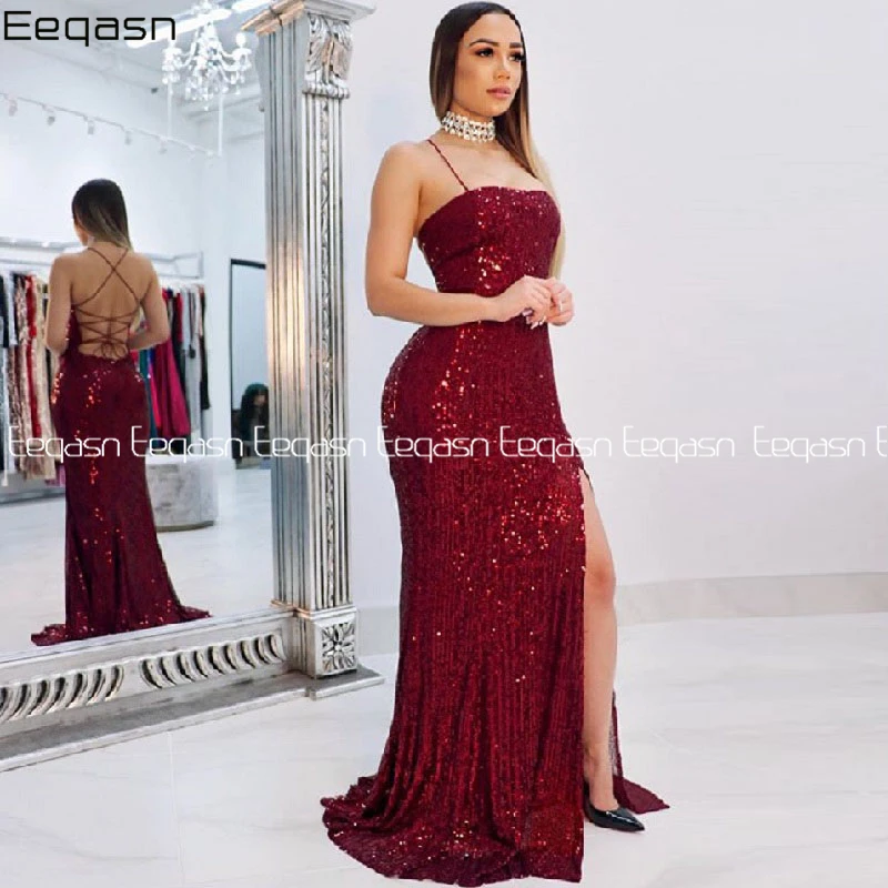 Sparkly Sequin Burgundy Prom Dresses 2020 Spaghetti Straps Sleeveless Back Open Women Formal Dress with Slit Plus Size
Sparkly Sequin Burgundy Prom Dresses 2020 Spaghetti Straps Sleeveless Back Open Women Formal Dress with Slit Plus Size