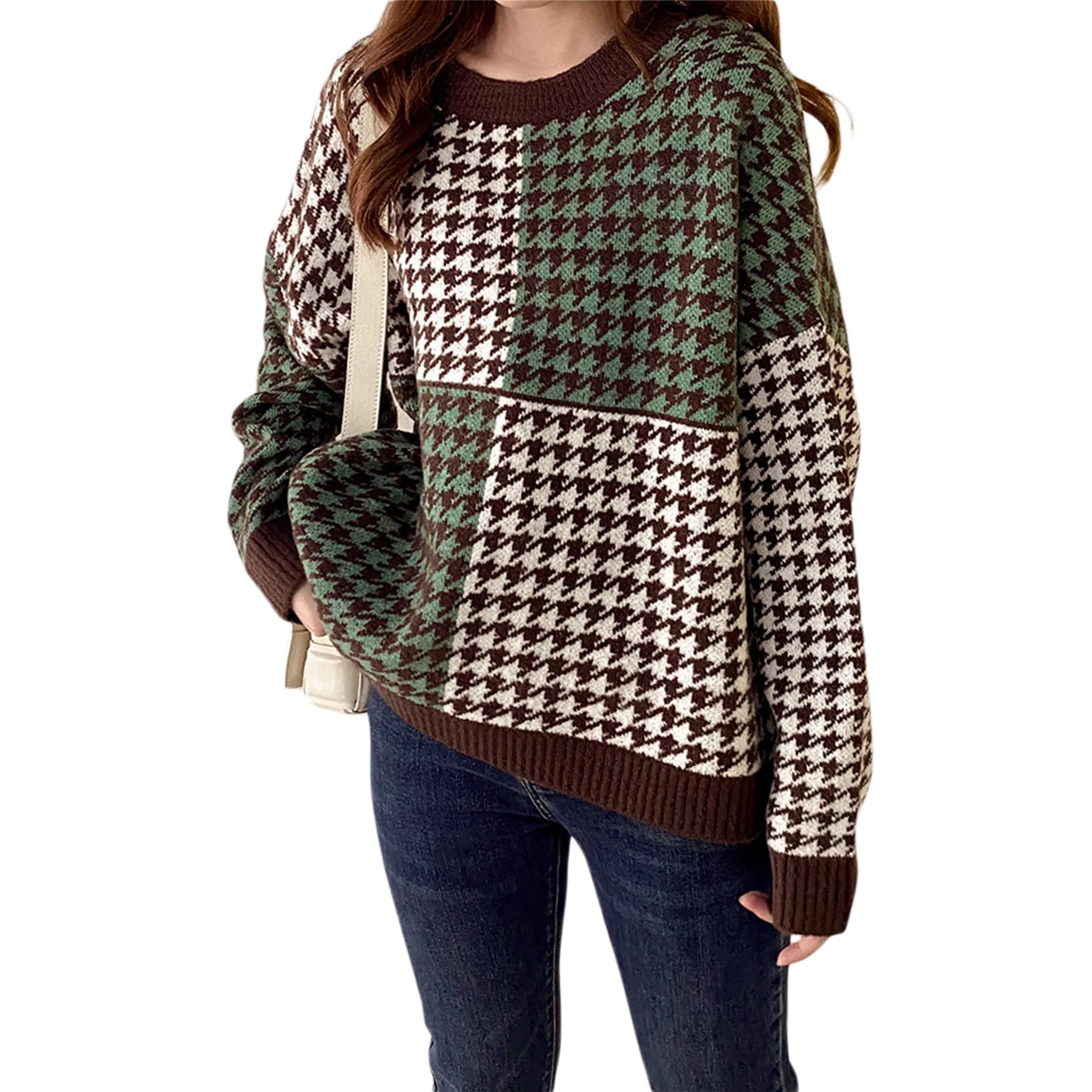 Hirigin 2021 Autumn Women Variegated Color Houndstooth Printed Pattern Knitwear Casual Round Collar Sweater Streetwear
Hirigin 2021 Autumn Women Variegated Color Houndstooth Printed Pattern Knitwear Casual Round Collar Sweater Streetwear