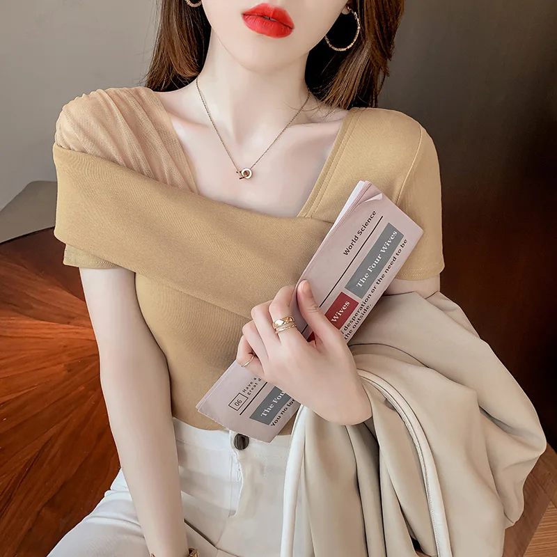 Sexy Short-Sleeved T-shirt Women's Self-cultivation Oblique Shoulder Mesh Top Short-sleeved Sexy Slahsh Neck Top Women
Sexy Short-Sleeved T-shirt Women's Self-cultivation Oblique Shoulder Mesh Top Short-sleeved Sexy Slahsh Neck Top Women