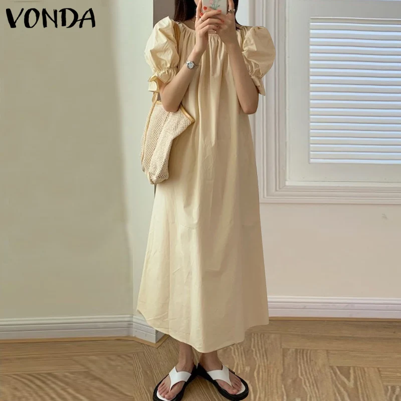 Women Solid Color Dress 2021 VONDA Vintage Short Puff Sleeve Long Maxi Dress Puff Sleeve Pleated Sundress Casual Vestido S-
Women Solid Color Dress 2021 VONDA Vintage Short Puff Sleeve Long Maxi Dress Puff Sleeve Pleated Sundress Casual Vestido S-