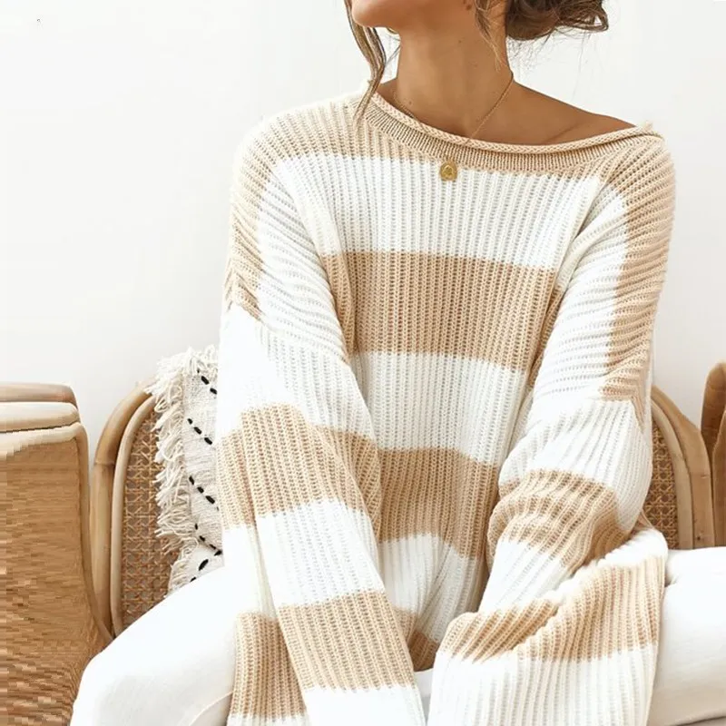2021 spring new sweater women curled round neck striped color matching shirt women's women's needle loose
2021 spring new sweater women curled round neck striped color matching shirt women's women's needle loose