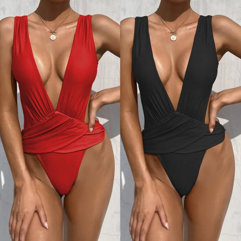 

2022 Sexy One Piece Swimsuit Push Up Swimwear Women Monokini Red Swimsuit Deep V Bodysuit Bathing Suit Swim Wear Biquini Mulher