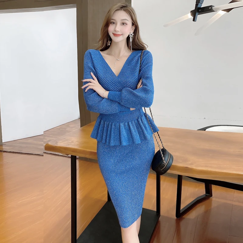 Knitting Skirt Two-Piece Suits Korea Style Long-Sleeved Bright Silk Suit Female Fall Winter New Long Pockets Hip Ruffle Waist
Knitting Skirt Two-Piece Suits Korea Style Long-Sleeved Bright Silk Suit Female Fall Winter New Long Pockets Hip Ruffle Waist