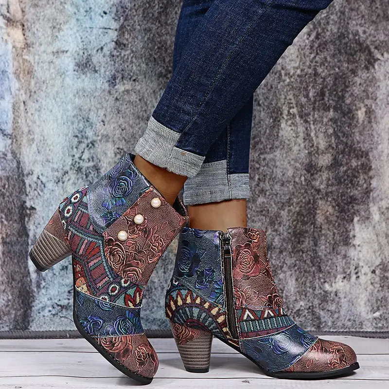 Boots Large Size Women's Shoes Ethnic Style Retro Stitching Martin Boots Women Comfortable High-heeled Short Leather Boots 
Boots Large Size Women's Shoes Ethnic Style Retro Stitching Martin Boots Women Comfortable High-heeled Short Leather Boots