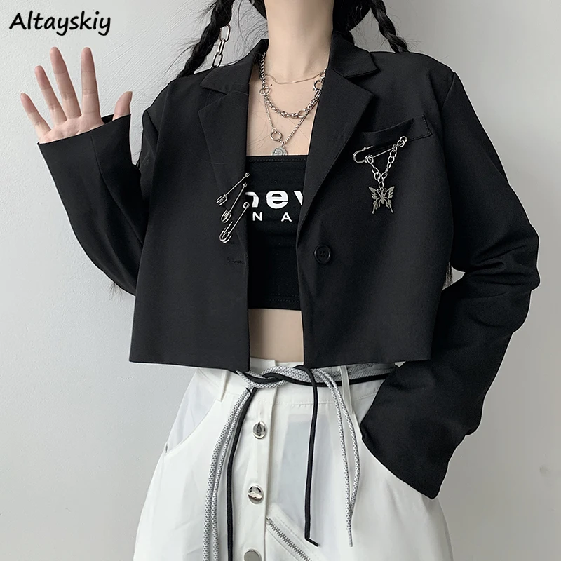 Women Black Solid Blazers Short Crop Tops Long Sleeve Harajuku Streetwear Hip-hop Students All-match Summer Designer Outwear Ins
Women Black Solid Blazers Short Crop Tops Long Sleeve Harajuku Streetwear Hip-hop Students All-match Summer Designer Outwear Ins