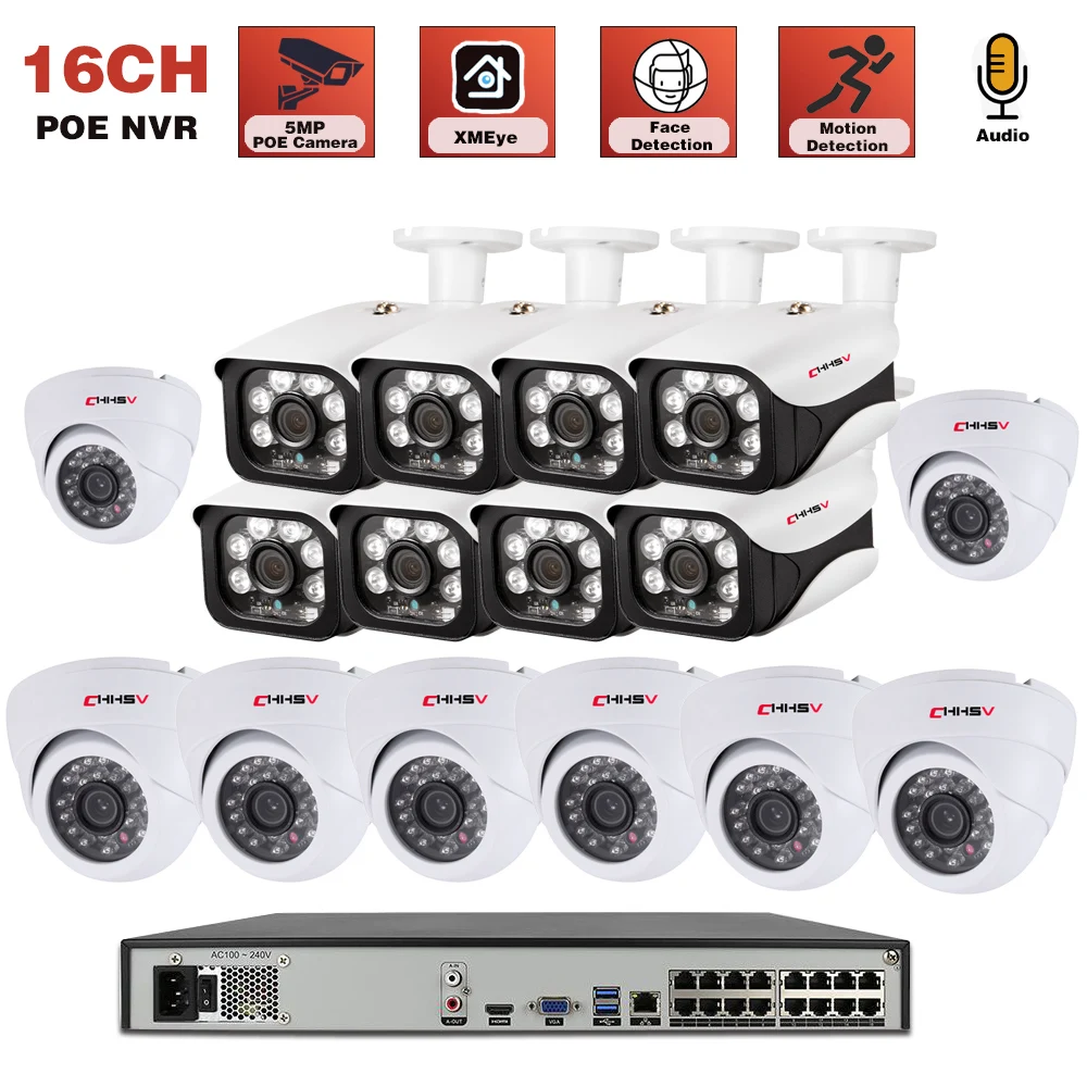 

Система видеонаблюдения H.265 POE, наружная IP-камера безопасности, 16 каналов, 5 МП, 4K, NVR с записью звука, инфракрасная Ночная P2P Видеокамера, жестк...