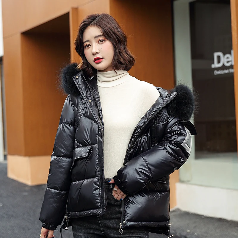 

Short Gloosy Parka Coat 2021 New Fashion Pocket Winter Jackets Women Solid Casual Hooded Parka Coat With Fur Collar