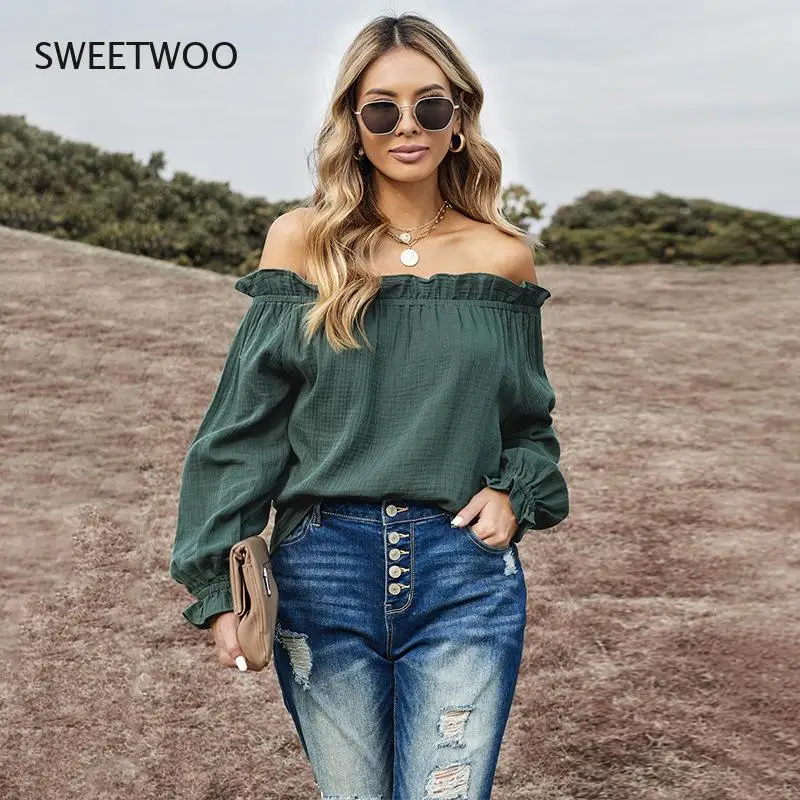 New Spring Summer Woman Tshirts Neck Strapless Solid Color Lantern Long Sleeve Loose Aesthetic Women's Sundress Clothing 
New Spring Summer Woman Tshirts Neck Strapless Solid Color Lantern Long Sleeve Loose Aesthetic Women's Sundress Clothing