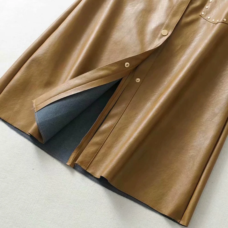Autumn Rivet Mustard A-line Long PU Leather Skirts High Waist Single-breasted Pockets Yellow Faux Leather Mid-calf Long Skirts 
Autumn Rivet Mustard A-line Long PU Leather Skirts High Waist Single-breasted Pockets Yellow Faux Leather Mid-calf Long Skirts