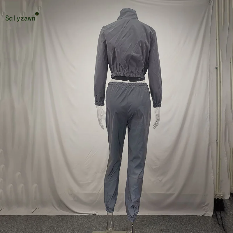 

Reflective Turtleneck Sweatsuit Sportwear Two Piece Set Woemn Autumn Jacket Crop Top + Jogger Pant Matching Set Outfit Tracksuit