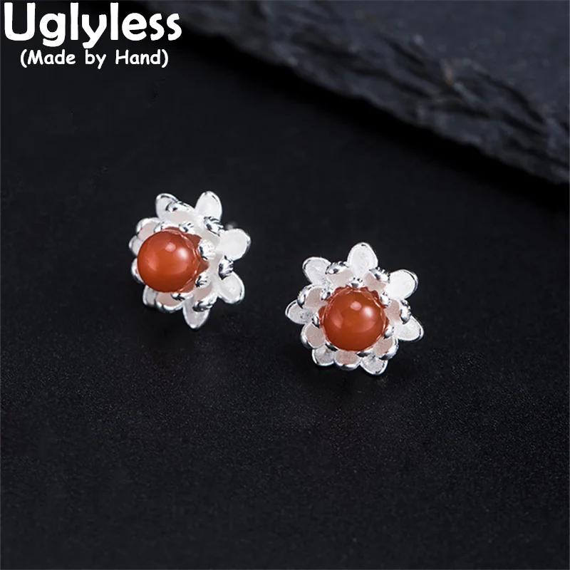 

Uglyless 925 Silver Blooming Lotus Flowers Studs Earrings for Women Natural Agate Gemstones MINI Earrings Floral Brincos Bijoux