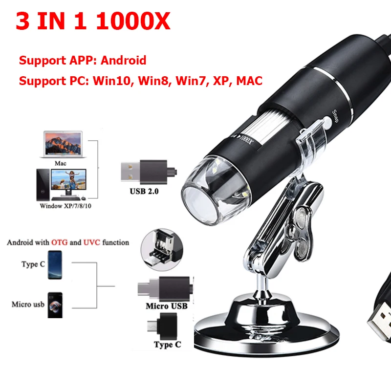 3 in 1 Digital USB Type-C Microscope Microscope Magnifier Camera 8 LED Stand for Android Digital Microscope 1000X 1600X
3 in 1 Digital USB Type-C Microscope Microscope Magnifier Camera 8 LED Stand for Android Digital Microscope 1000X 1600X