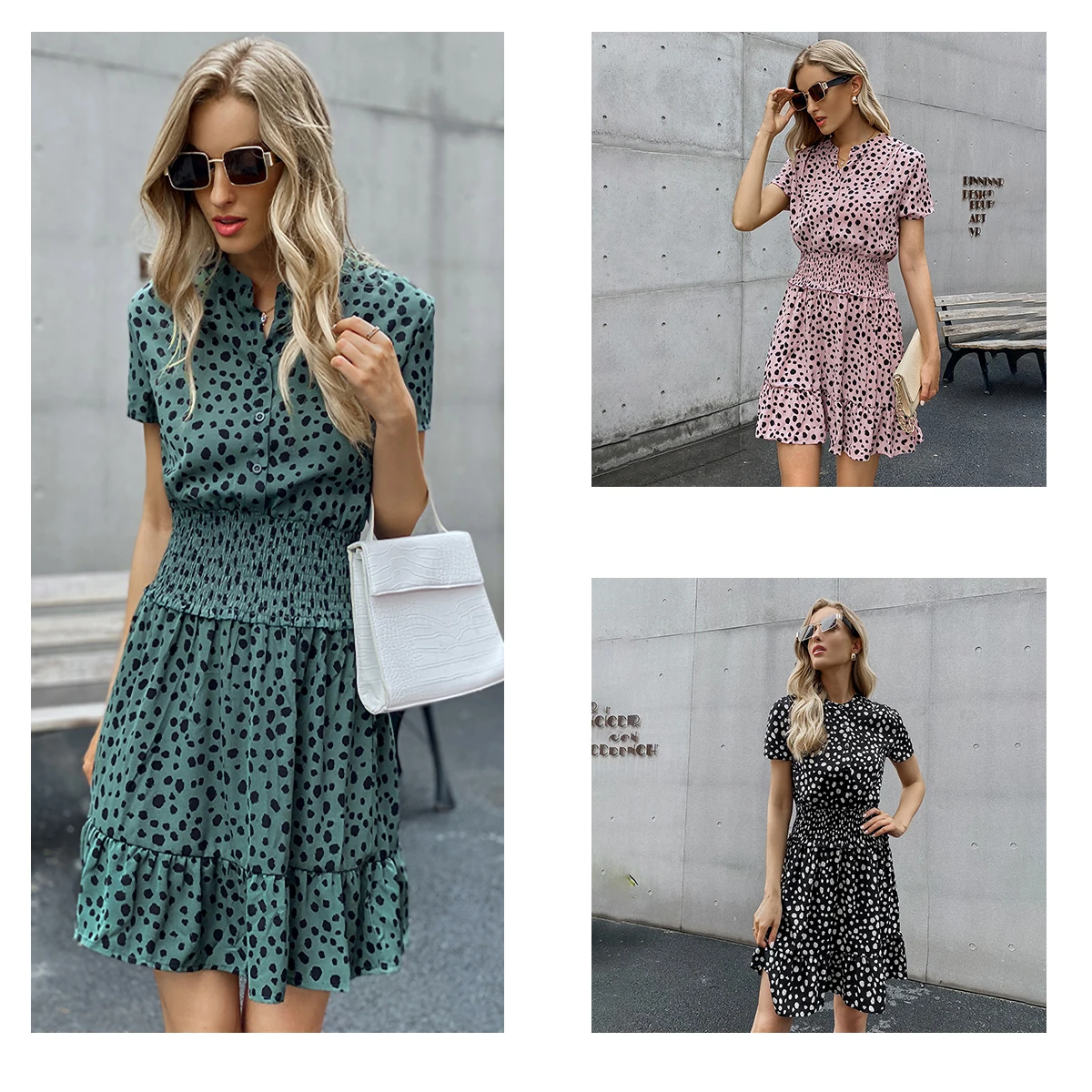 2021women's Fashion Summer Casual Short Sleeve Mini Skirt Elegant Printed Fitted Waist Polka Dots Button Stand Collar Dress
2021women's Fashion Summer Casual Short Sleeve Mini Skirt Elegant Printed Fitted Waist Polka Dots Button Stand Collar Dress
