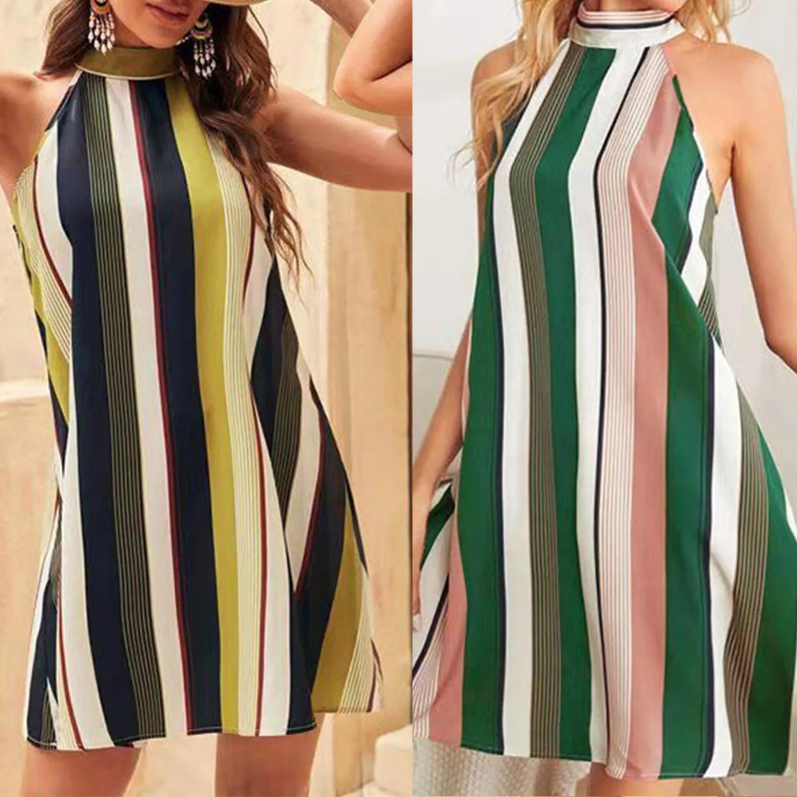 Women Summer Dress Halter Sleeveless Casual Stripe Print Dresses Emprie Swing Short A-line Mini Dress Beach Vestidos Robe Femme
Women Summer Dress Halter Sleeveless Casual Stripe Print Dresses Emprie Swing Short A-line Mini Dress Beach Vestidos Robe Femme