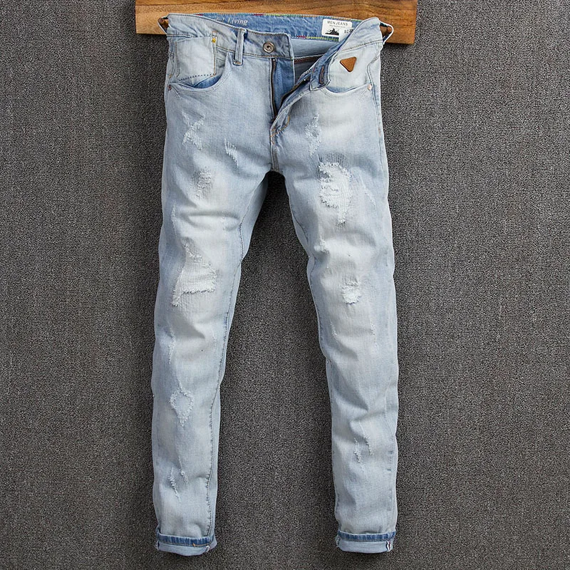 Korean Style Fashion Men Jeans Retro Light Blue Elastic Slim Ripped Jeans Men Streetwear Patchwork Designer Hip Hop Punk Pants
Korean Style Fashion Men Jeans Retro Light Blue Elastic Slim Ripped Jeans Men Streetwear Patchwork Designer Hip Hop Punk Pants