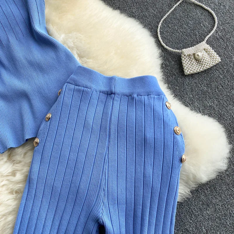 INS Fashion Metal buttons Knitted 2pcs Sets Women Summer Halter Off-shoulder Knit Tank Top + High-waist Wide-leg Pants Suits
INS Fashion Metal buttons Knitted 2pcs Sets Women Summer Halter Off-shoulder Knit Tank Top + High-waist Wide-leg Pants Suits