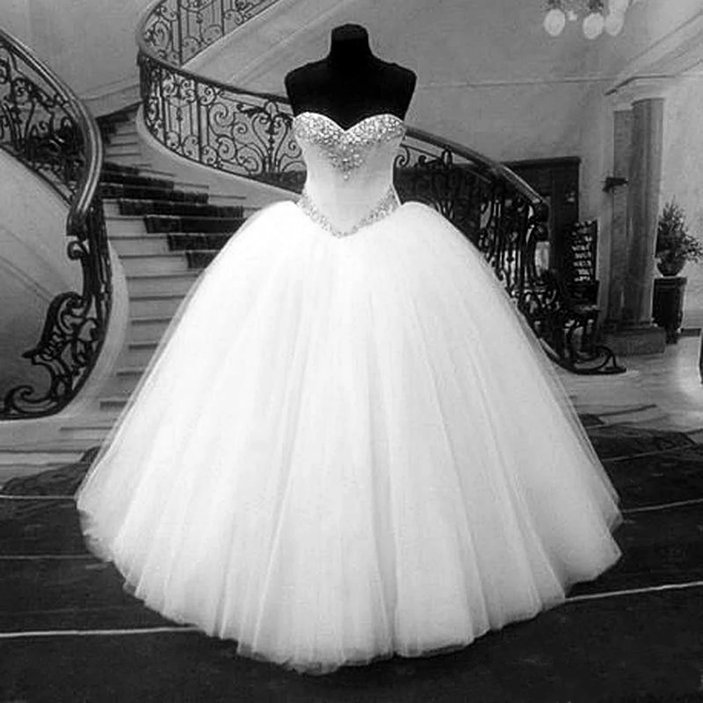 

Сделанное на заказ бальное платье с сердечком свадебные платья в пол белое Тюлевое платье с кристаллами великолепное свадебное платье со ш...