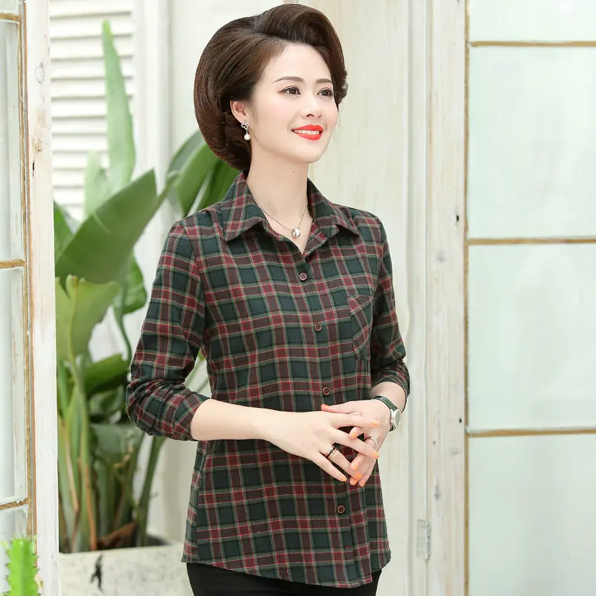 Mother Spring Autumn Purple Navy Blue Green Plaid Cotton Shirts Middle Aged Women Casual Checked Top Daily Clothes 
Mother Spring Autumn Purple Navy Blue Green Plaid Cotton Shirts Middle Aged Women Casual Checked Top Daily Clothes