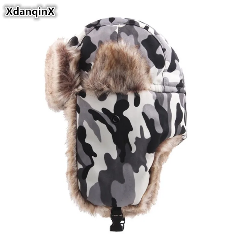 XdanqinX Winter Warm Camouflage Cap Velvet Thick Women's Bomber Hat Cycling Windproof Men Earmuffs Couple Ski | Аксессуары для