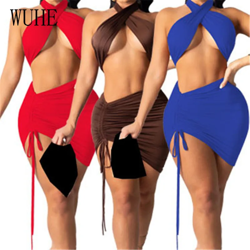 KEXU Summer Bodycon Sexy Criss Cross Halter Top Drawstring Mini Skirt Two Piece Set Solid Hollow Out Backless Party Club Outfits
KEXU Summer Bodycon Sexy Criss Cross Halter Top Drawstring Mini Skirt Two Piece Set Solid Hollow Out Backless Party Club Outfits