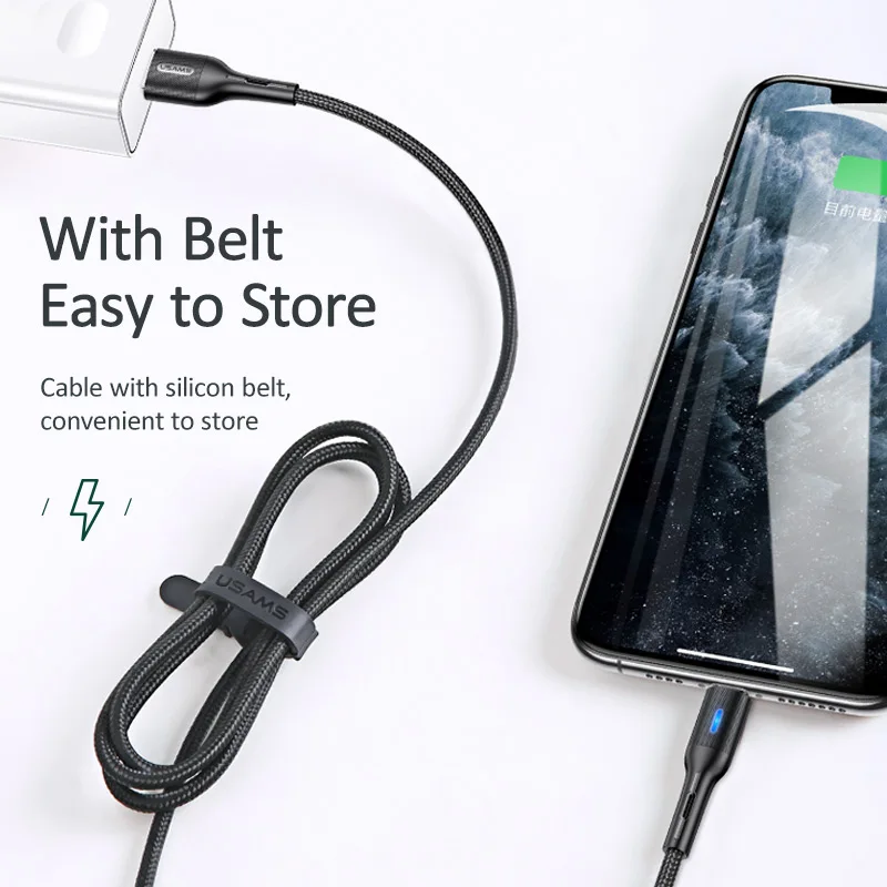 USAMS USB кабель для iPhone 11Pro Max xs 8 7 6 6s Plus Smart power off Lighting Data нейлоновый провод Быстрая