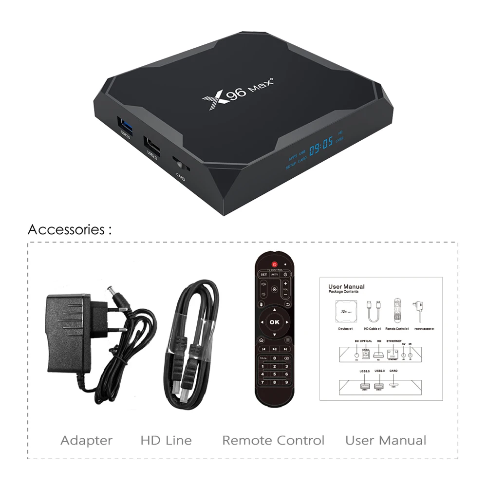 X96max Plus Android 9,0 Dispositivo de TV inteligente Amlogic S905X3 Quad Core 2,4G y 5G wifi BT X96 max Multimedia Set top BOX
X96max Plus Android 9,0 Dispositivo de TV inteligente Amlogic S905X3 Quad Core 2,4G y 5G wifi BT X96 max Multimedia Set top BOX