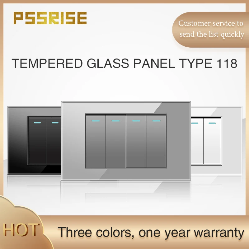 PSSRISE 118 wall 4Gang switch electrical material tempered glass panel with fluorescent indicator One-year warranty G18
PSSRISE 118 wall 4Gang switch electrical material tempered glass panel with fluorescent indicator One-year warranty G18