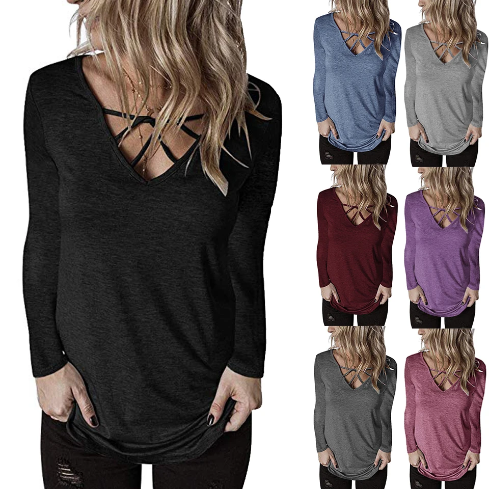 

Criss Cross Top Plunging Neckline Deep V Neck T Shirts For Women Tunic Long Sleeve Casual T-Shirts Cute Solid Color Plain Tshirt