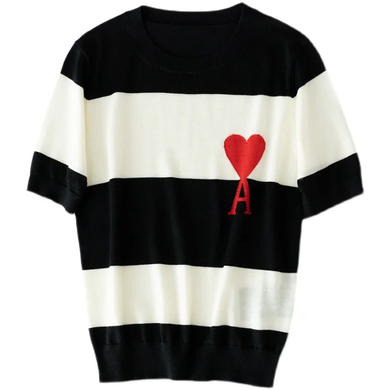 Ice silk wide striped chest love letter T-shirt sweater comfortable fashion cool round neck top female 2021 summer new style
Ice silk wide striped chest love letter T-shirt sweater comfortable fashion cool round neck top female 2021 summer new style