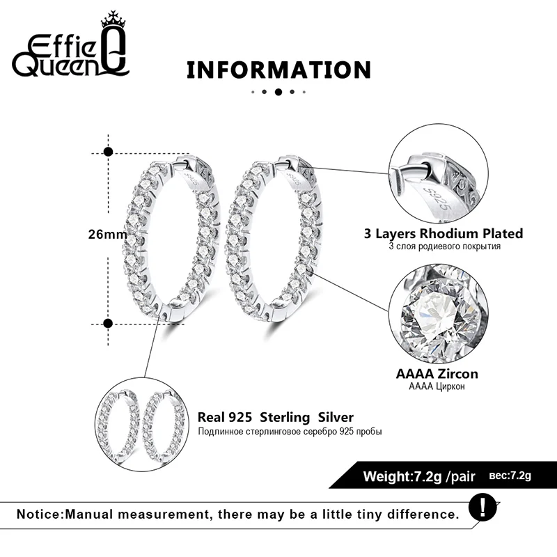 Effie Queen Fashionable 925 Sterling Silver Big Hoop Earring 26mm Round Full Zircon for Woman Female Jewelry Party Gift BE220
Effie Queen Fashionable 925 Sterling Silver Big Hoop Earring 26mm Round Full Zircon for Woman Female Jewelry Party Gift BE220