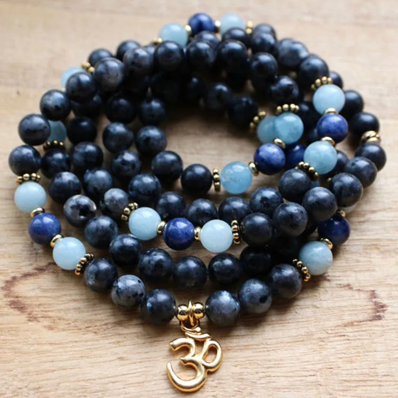 

108 мала-Йога ожерелье на запястье, духовные ювелирные изделия, молитвенные бусины Larvikite Aquamarine Blue Aventurine браслеты с бусинами из камня
