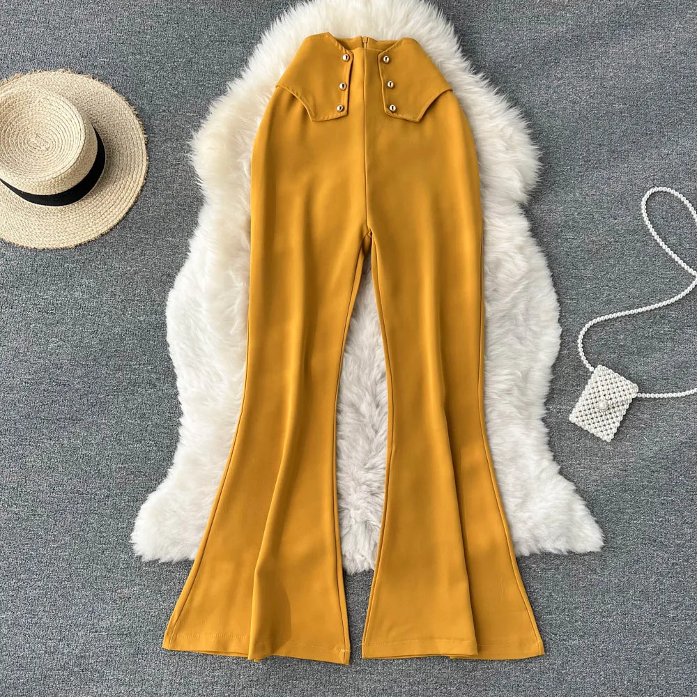 Womern British style retro double-breasted high-waisted thin temperament professional wear all-match flared pants female D0417
Womern British style retro double-breasted high-waisted thin temperament professional wear all-match flared pants female D0417