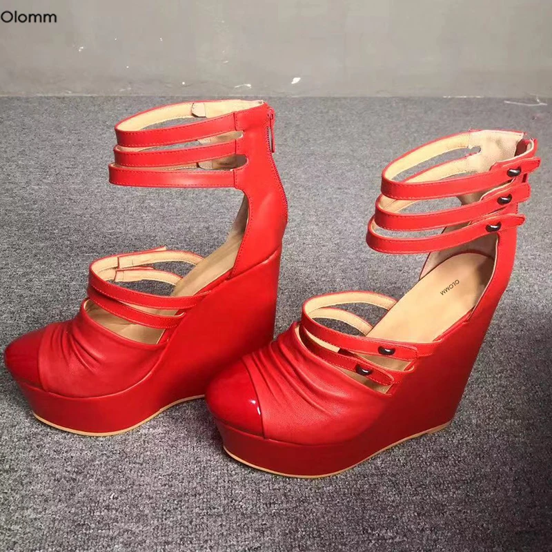 

Olomm New Women Platform Pleated Sandals Wedges High Heels Sandals Round Toe Gorgeous Red Party Shoes Women US Plus Size 5-15