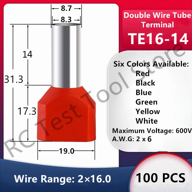 100PCS TE16-14 Double Pipe 0.5~6.0² Cold Pressed End Double Wire Tube Shaped Insulated Tubular Terminal 
100PCS TE16-14 Double Pipe 0.5~6.0² Cold Pressed End Double Wire Tube Shaped Insulated Tubular Terminal