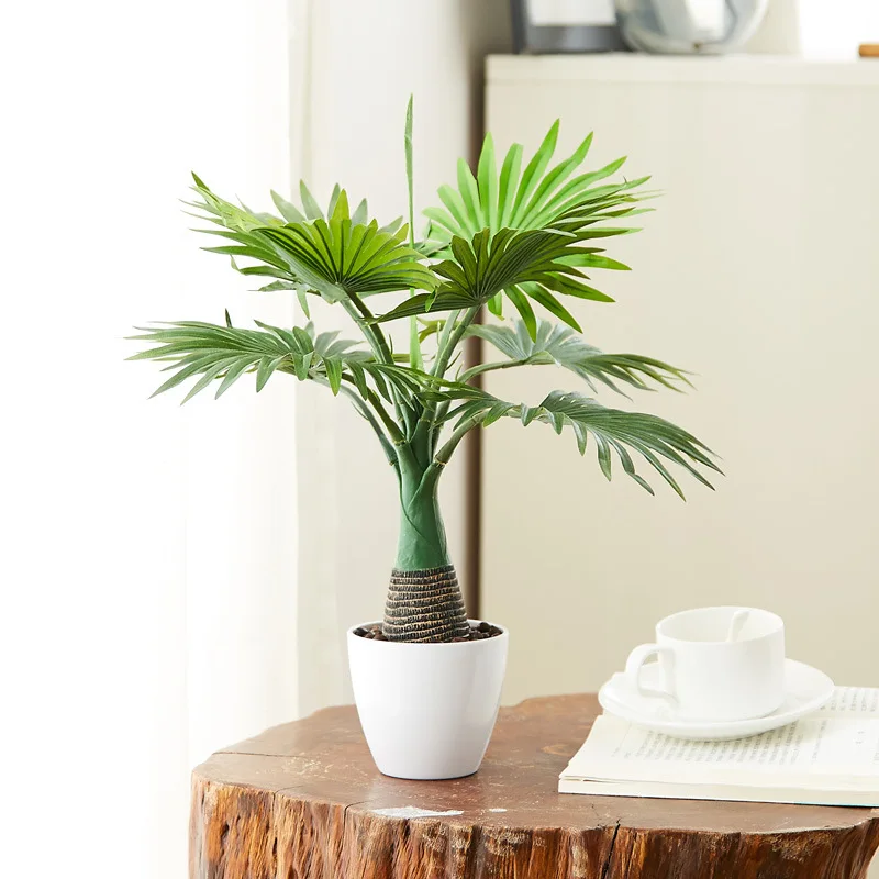 

40cm Artificial Palm Tree Tropical Plants Fake Potted Tree Branch Silk Leaves 8 Heads Desktop Bonsai For Home Office Decoration