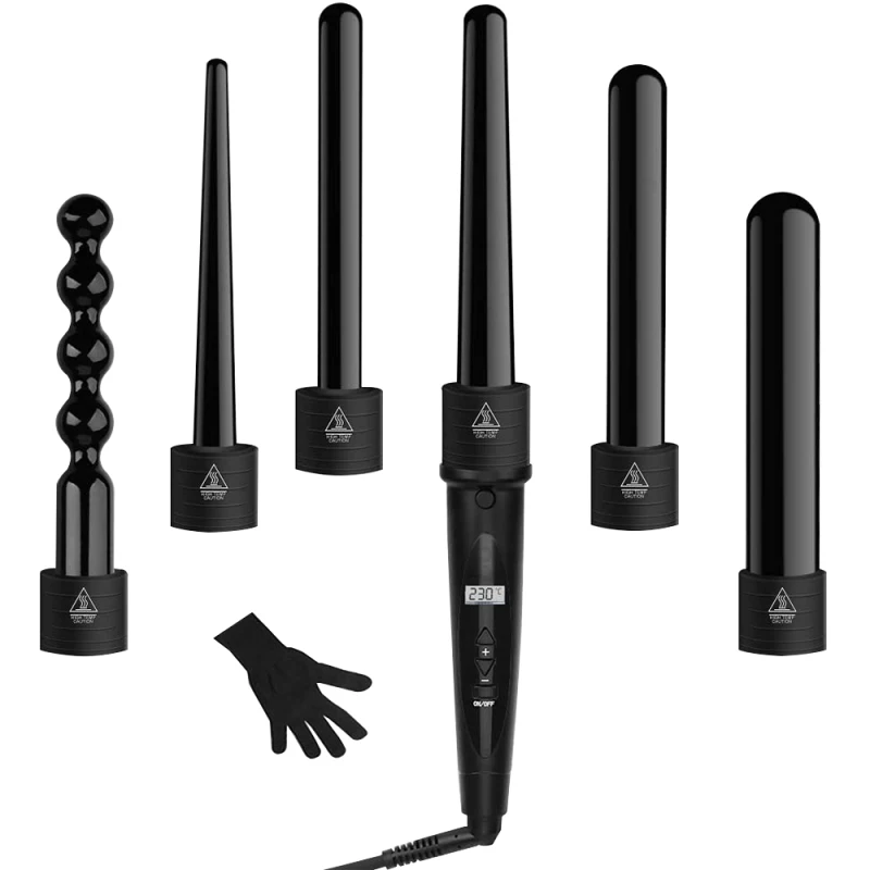 6 in 1 Curling Hair Iron Wand Set Temperature Adjustable with 6 Interchangeable Ceramic Conical Spiral Rose Golden Hair Curlers
6 in 1 Curling Hair Iron Wand Set Temperature Adjustable with 6 Interchangeable Ceramic Conical Spiral Rose Golden Hair Curlers