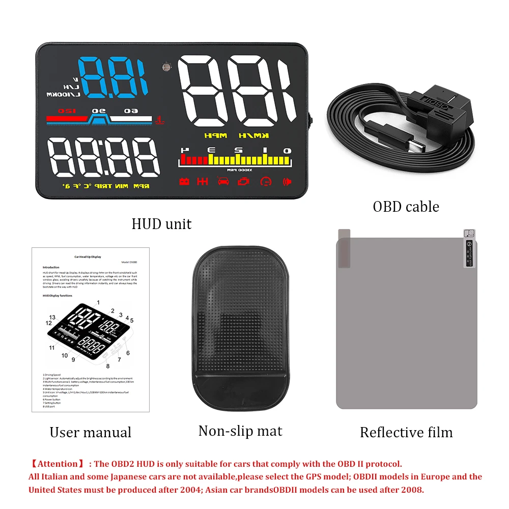 WiiYii HUD D5000 Head up display OBD II Computer Speedometer Car electronics Overspeed Voltage Alarm Water temp Overspeed RPM
WiiYii HUD D5000 Head up display OBD II Computer Speedometer Car electronics Overspeed Voltage Alarm Water temp Overspeed RPM